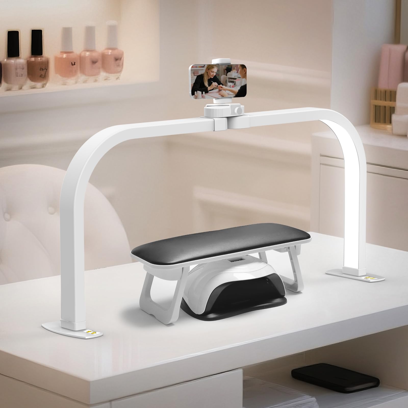 CGBE LED Lampada Mezza Luna da Tavolo per Unghie Pieghevole - Bianco | Lampada da Scrivania per Unghie con Portacellulare per Onicotecniche - Dimmerabile LED Luce per Manicure Tatuaggi Artigianato