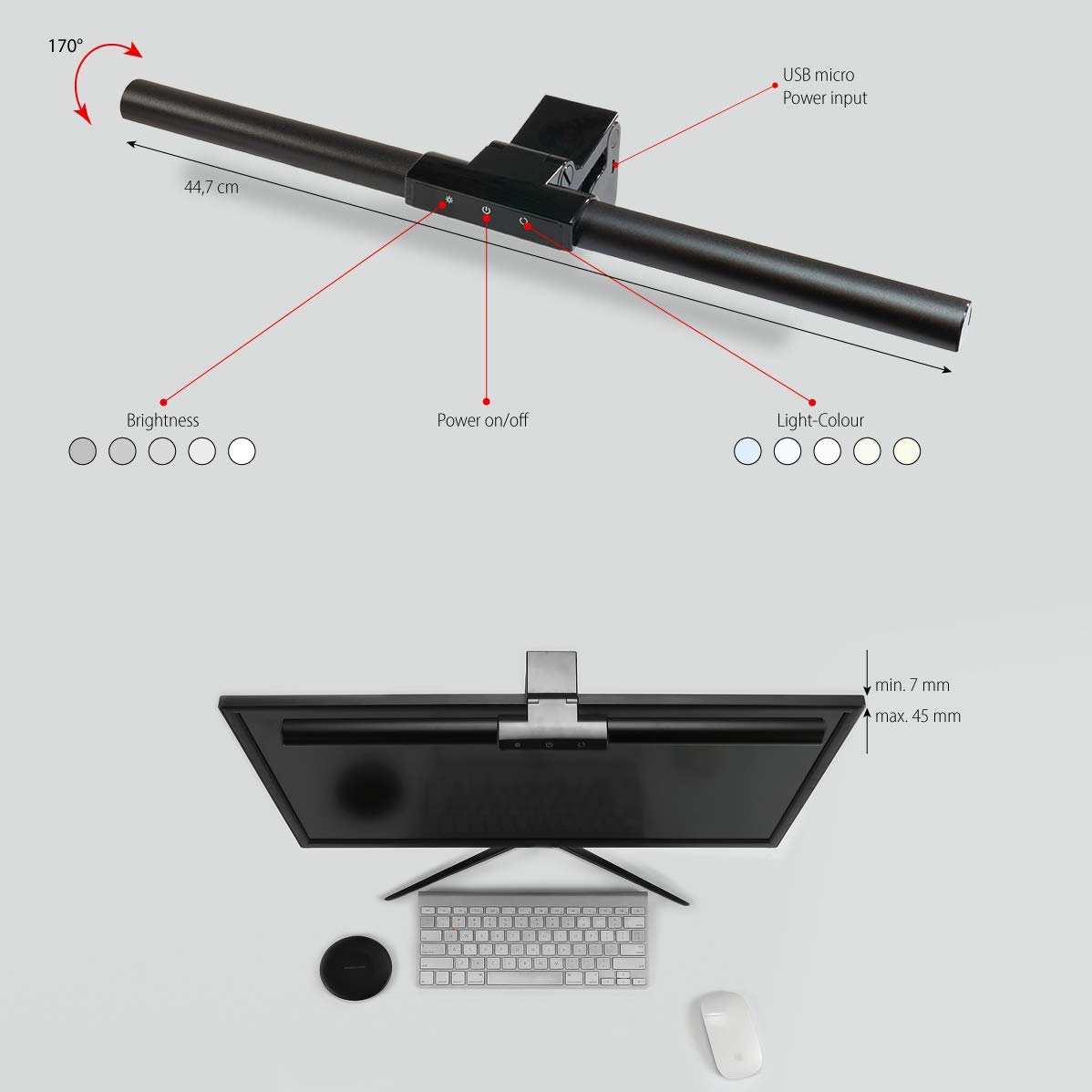 FeinTech LTL00700 Lampada per Computer Monitor LED con morsetto dimmerabile USB