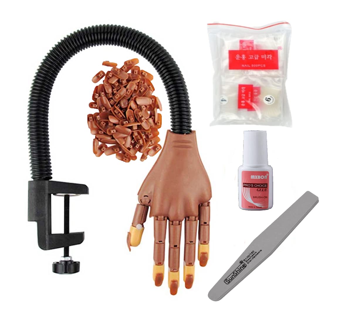 Tenghoda Nail Training Practice Hand Set|500 Pieces French Half Tip White Nail Extension| 1 Piece Nail Glue| 1 Piece 100/180 Buffer| Nail Training Set