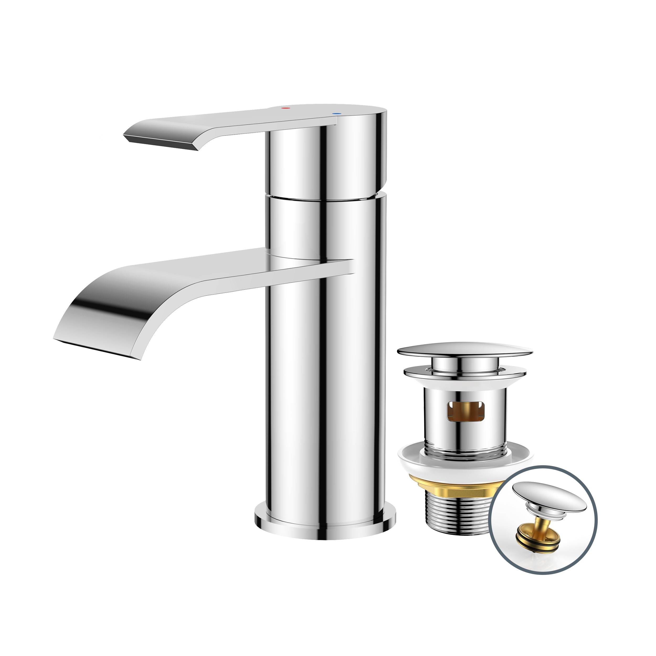 FORIOUS Basin Mixer Tap, Stainless Steel Bathroom Taps, 65mm Spout Height with Pop-Up Waste, Single Handle, G1/2'' Hoses, Water-Saving & Durable, Chrome