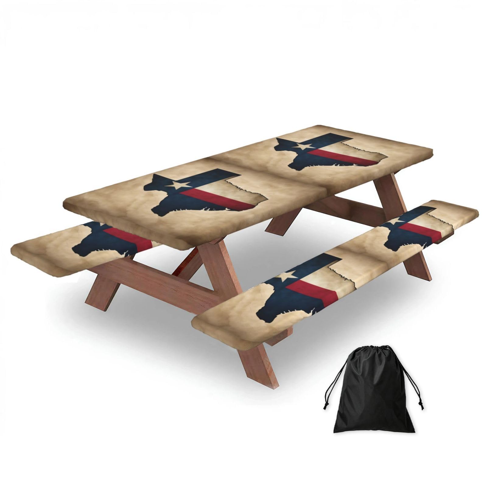 Duwaa Black Texas State Flag Map With One Star Print 183Cm Picnic Table Cover With Bench Covers, Waterproof Elastic Tablecloth Set For Outdoor
