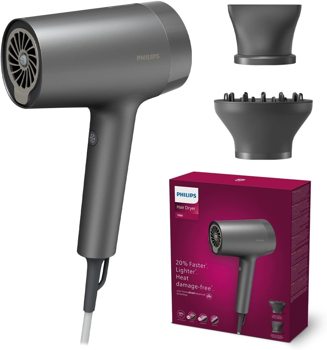 Philips ThermoShield Advanced technologie, haardroger uit de serie 7000, met gemak drogen en stylen, minerale ionen, met mondstuk en diffuser, 1800 W (model BHD713/10)