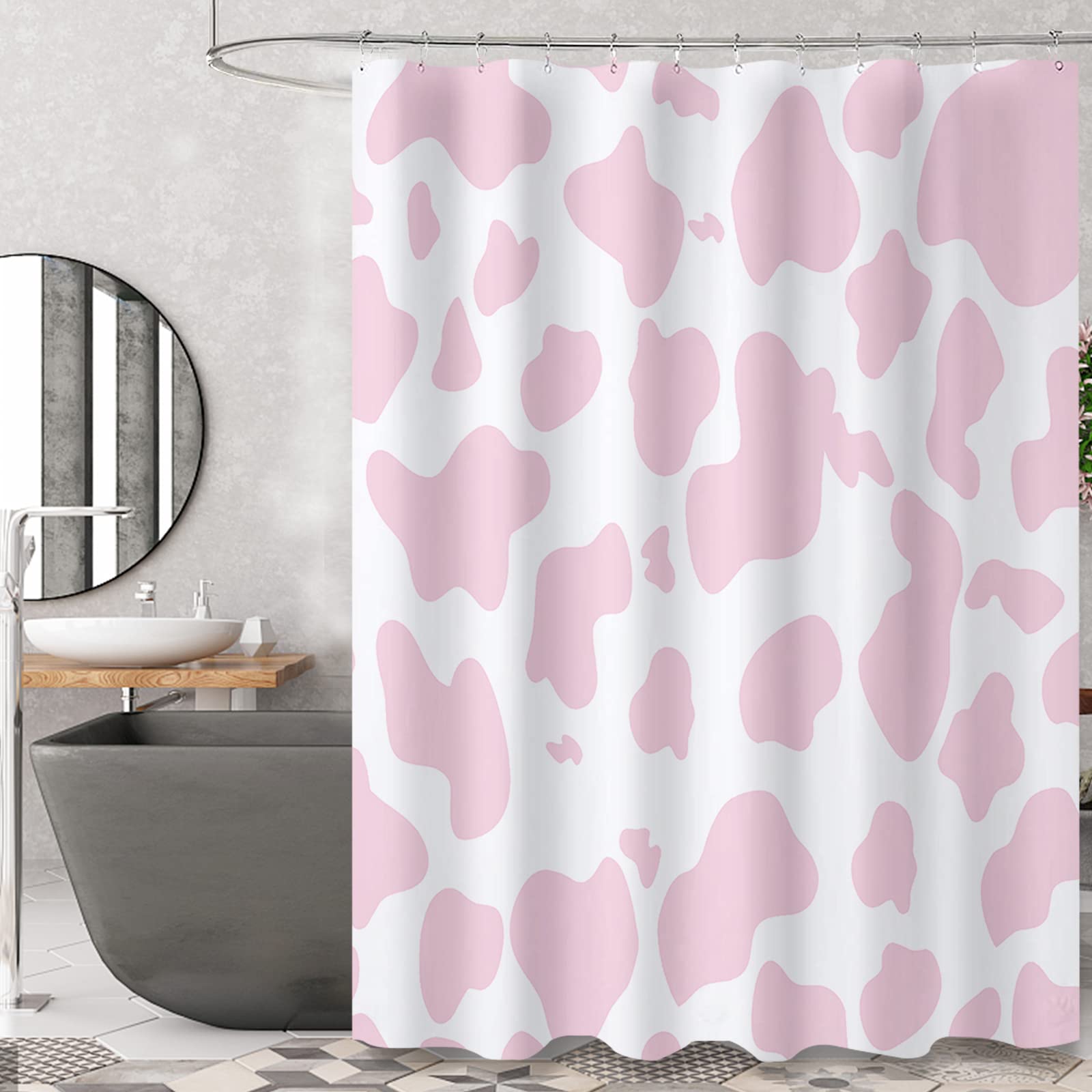 ZTTXL Pink Cow Print Shower Curtain, 60" x 72", Polyester Fabric Set for Bathroom with 12 Hooks