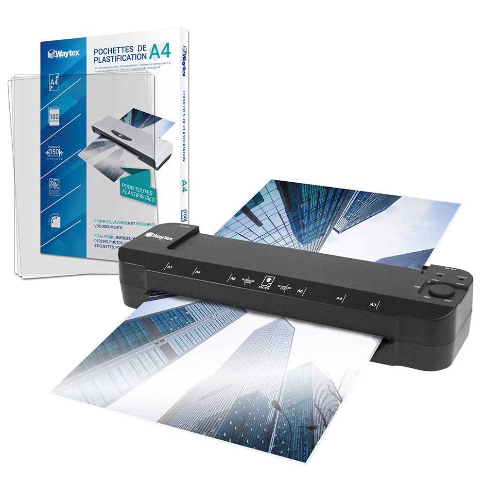 Plastifieuse A3 A4 A5 A6 A7 Pro Ultra Rapide à Chaud et à Froid jusqu’à 2x150 microns Température Réglable pour Usage Professionnel Intensif Pack avec 100 Pochettes A4