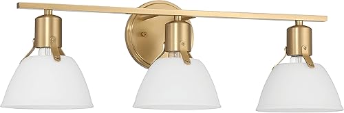 Cooper - Lámpara de tocador de metal de 3 luces con pantallas de vidrio grabado, blanco y dorado