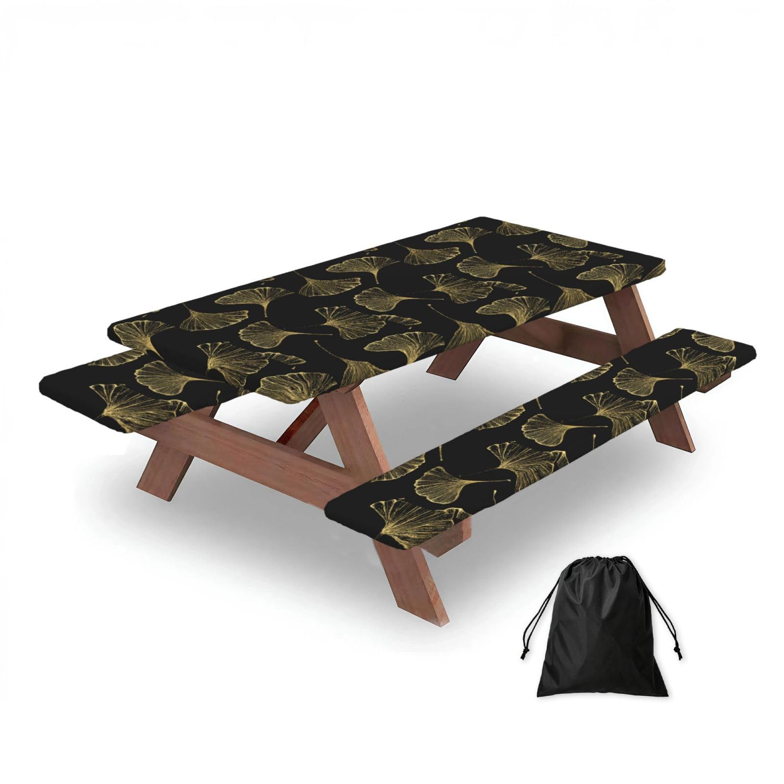 Dopklna As Picture Ginkgo Biloba Plant, Picnic Table Cover With Bench Covers -Waterproof Elastic Fitted Tablecloth For Garden Camping Patio 76X152cm