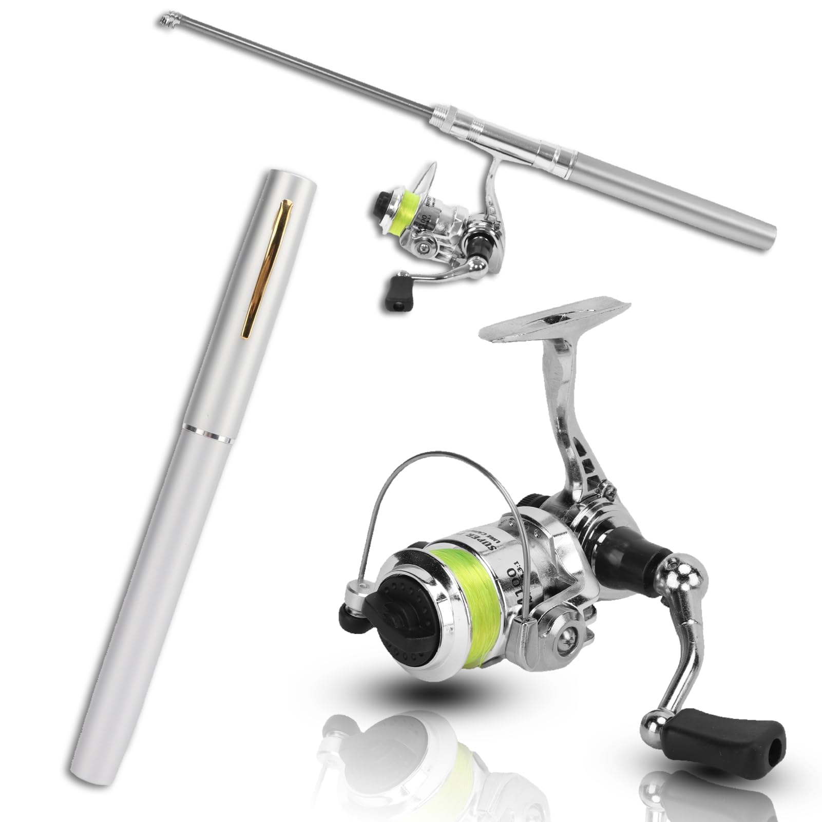 Mini Telescopic Fishing Rod and Reel Combo, Retractable Fishing Pole with Reel Wheel Lightweight Pocket Fish Pole Pen Shape Kit for Saltwater Freshwater (Silver)