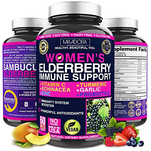 Womenâ€™s Immune Support Booster Supplement [7-in-1] with Elderberry, Vitamin C, Zinc, Garlic, Echinacea, Turmeric & Vitamin B. Vegan, Free of GMO, Soy, Dairy & Fillers, 60 Caps