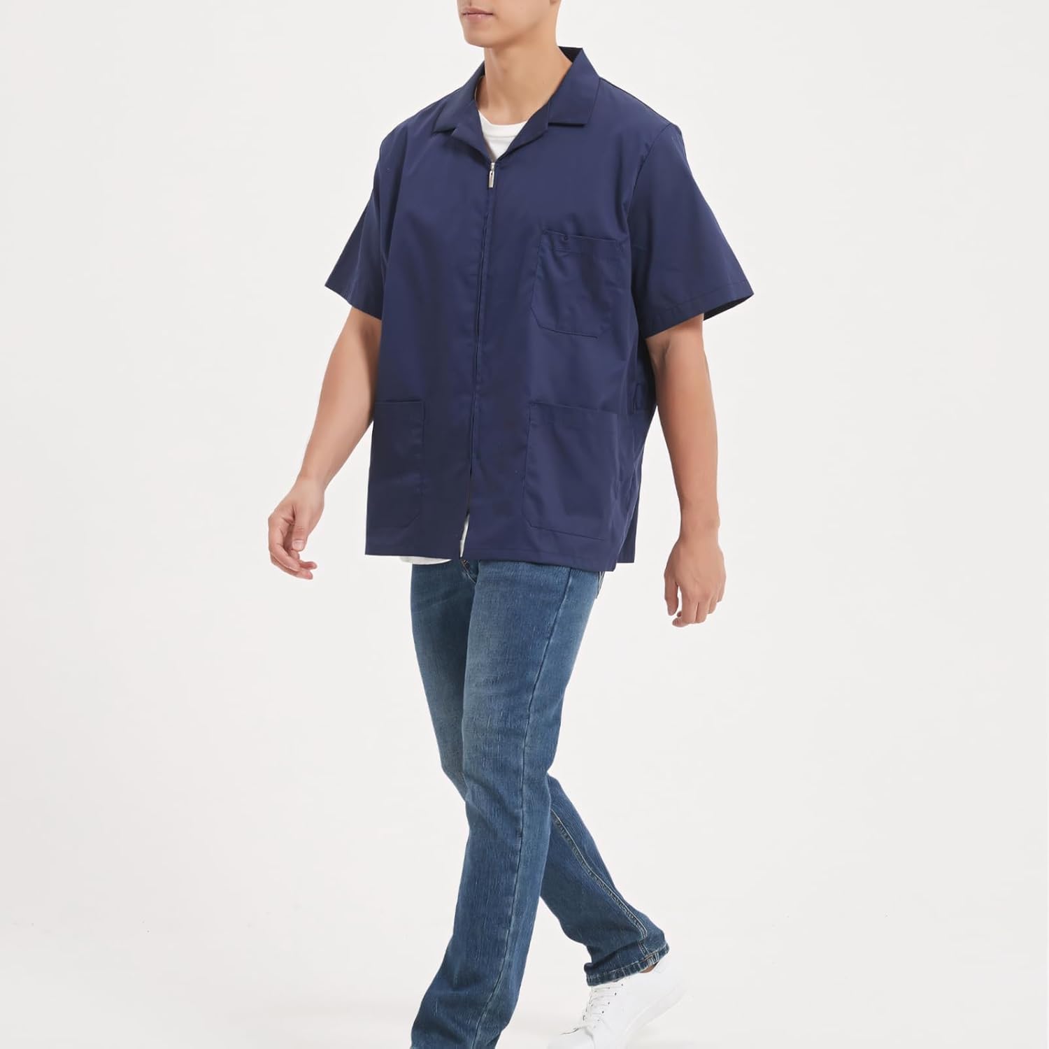 TopTie Unisex Zip Front Smock Short-Sleeve Zippered Work Shirt Utility Jacket - Image 3