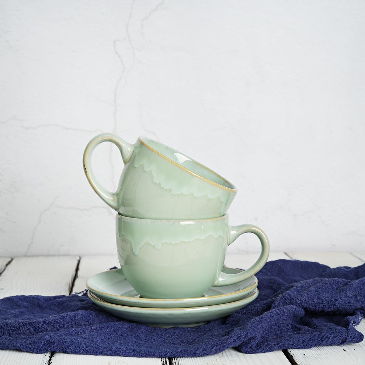 Bosmarlin Ceramic Cappuccino Cup and Saucer Set of 2, 10 Oz, Coffee Cups for Latte, Espresso, Tea, Dishwasher and Microwave Safe, Reavtive Glaze (Green) - Image 6