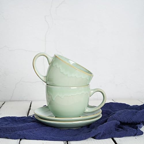 Miniatura 6 de Bosmarlin Juego de 2 tazas y platillo de cerámica para capuchino, 10 onzas, tazas de café para café con leche, expreso, té, lavavajillas y