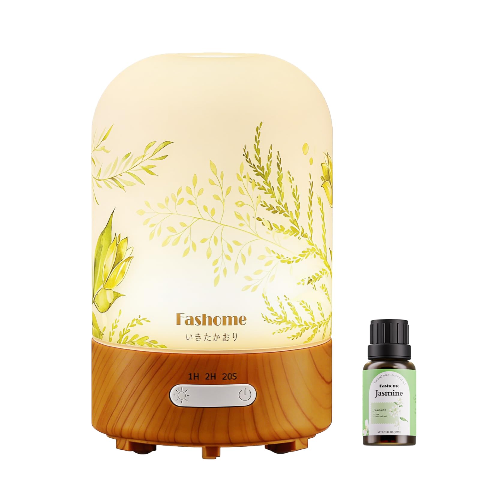 Aroma Diffuser 100ml Glas handgefertigt, Sommer-Edition Jasmin, Inkl. 10ml Jasmin-Öl, Ultraschall Diffusor für ätherische Öle, Leise Luftbefeuchter Warmlicht & Abschaltautomatik, Geschenk-Set