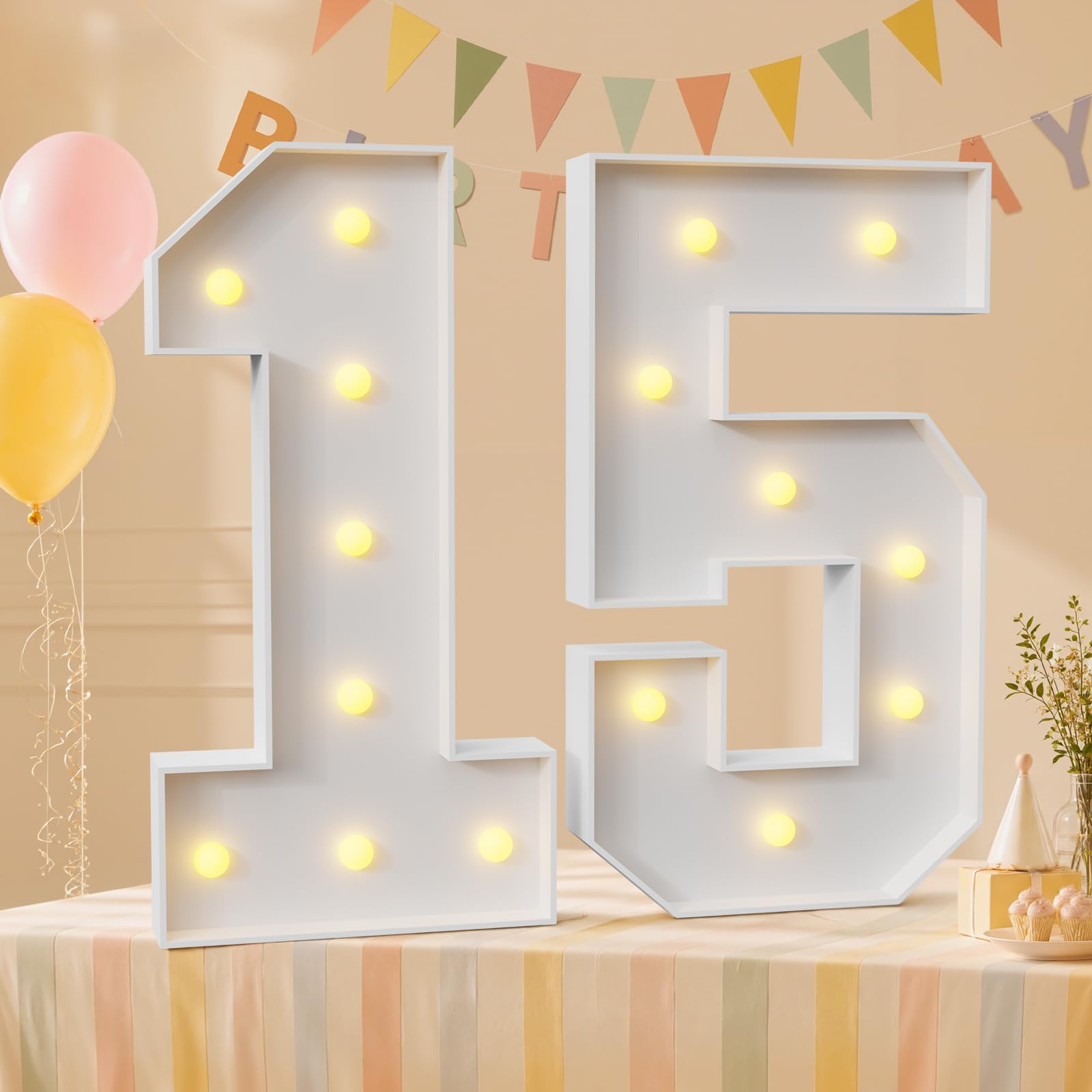 Letrero grande de cartón de espuma con 15 números iluminados de 2.3 pies, 15 números de marquesina, decoración de fiesta de cumpleaños de quinceañera