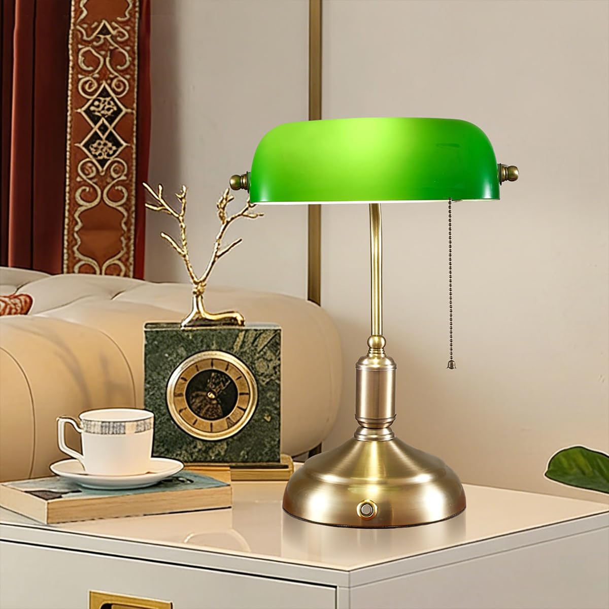 Kabellose Bankerlampe Groß 6000mAh Akku Tischlampe Aufladbar Dimmbare Vintage Nachttischlampe mit Touch-Steuerung und Kettenschalter 3 Farbtemperaturen E27 Tischleuchte Grün Gold Schreibtischlampe