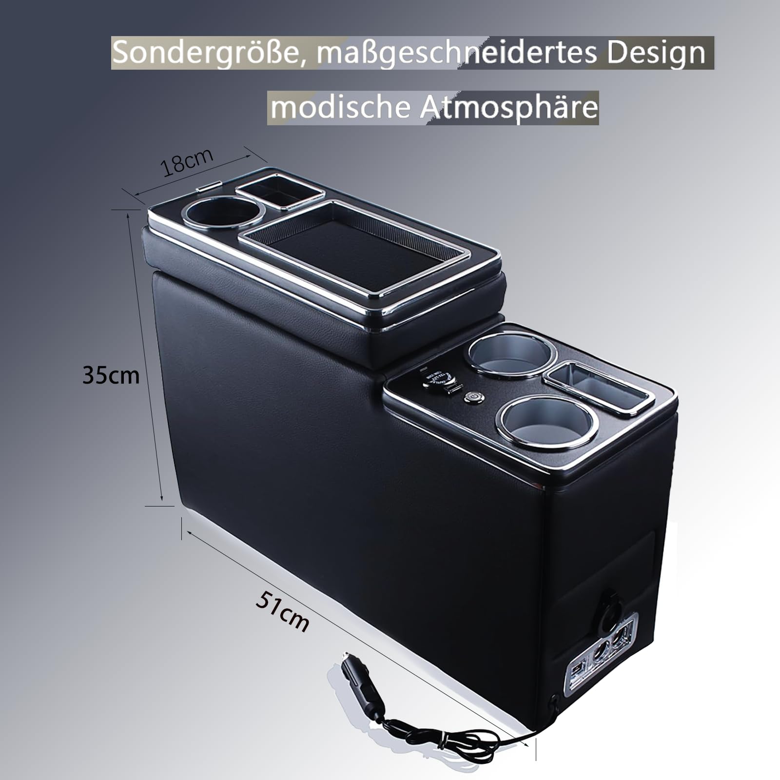 Mittelkonsole mit Ablagen Staufach kompatibel mit VW T4 T5 T6 T6.1 T7 2003-2019, Leder Zubehör mit USB, Blu LED-Leuchten und Zigarettenanzünder, Schwarz