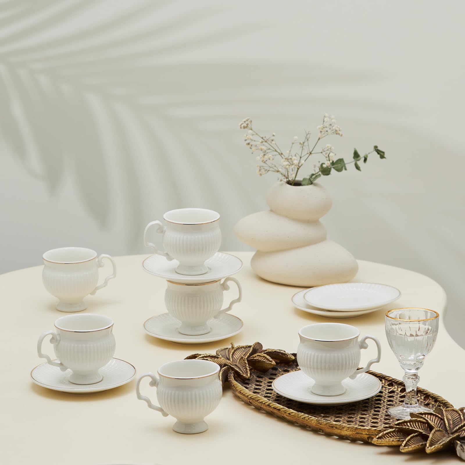 KARACA Set di 6 tazzine da caffè in porcellana, 12 pezzi, 100 ml, oro bianco, design moderno