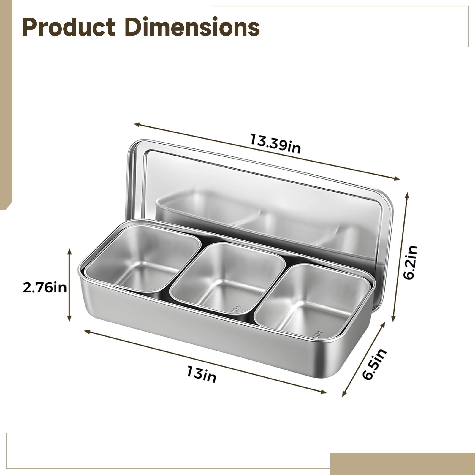 Bac à condiments en acier inoxydable à 3 compartiments, récipient avec couvercles, 33,8 fl oz 1000 ml par case, longueur 33,5 cm, pour cuisine et usage professionnel