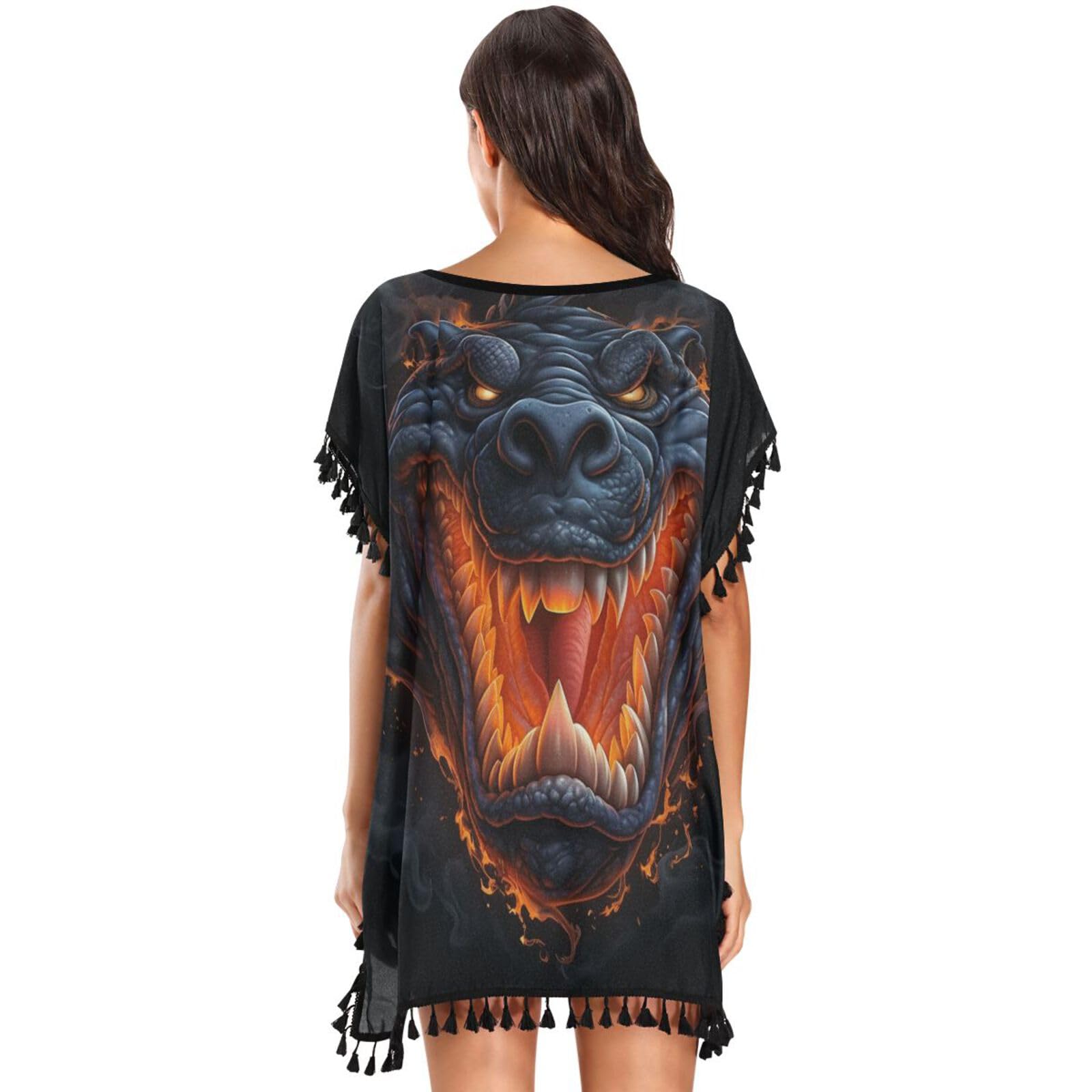 Cool Animal Art Hippopo Women's Beach Cover Up Chiffon Tassel Swimwear Swimsuit Coverups for Girl