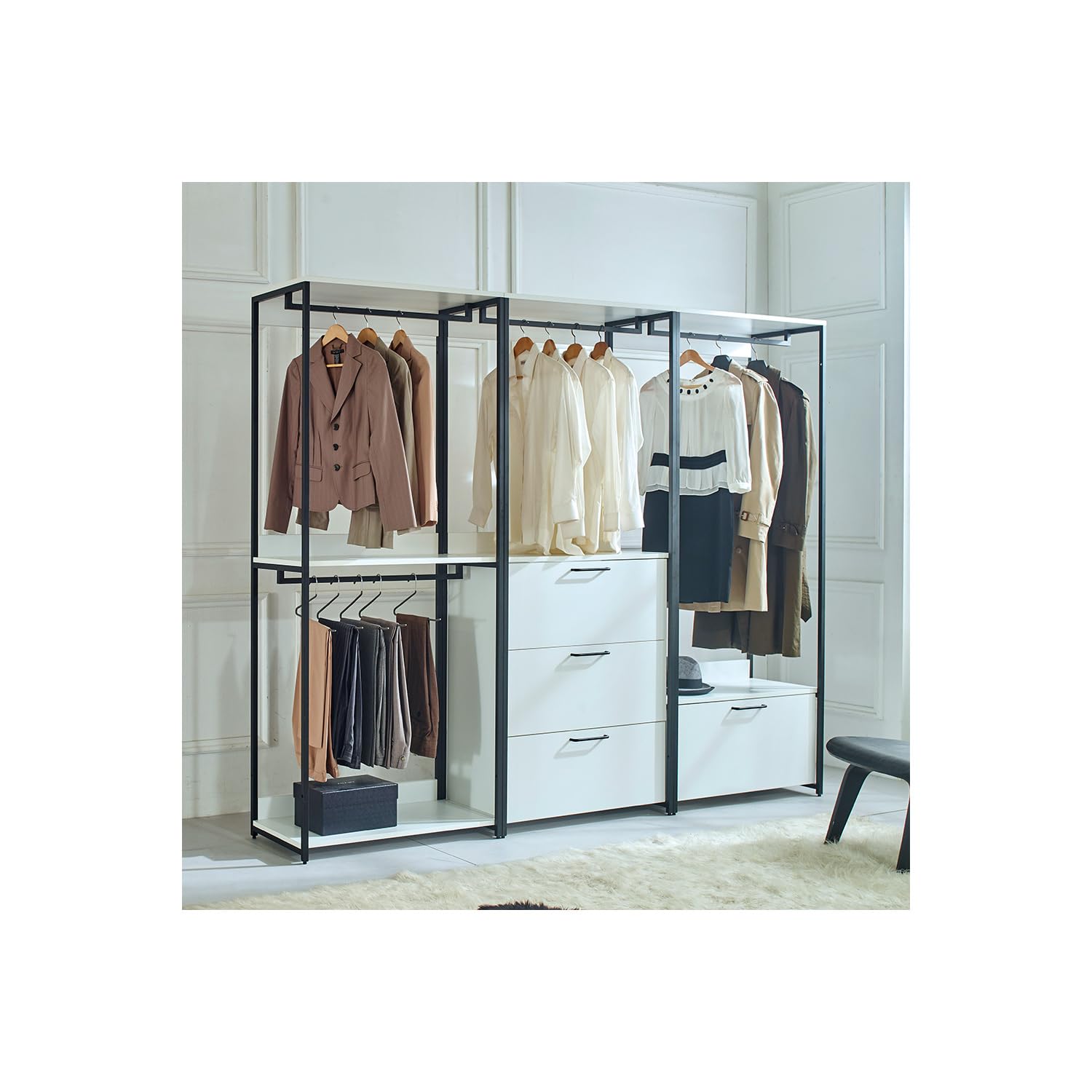 Klair Living Fiona 96" Freestanding Closet Organizer - 7-Shelf White Wood & Black Metal System