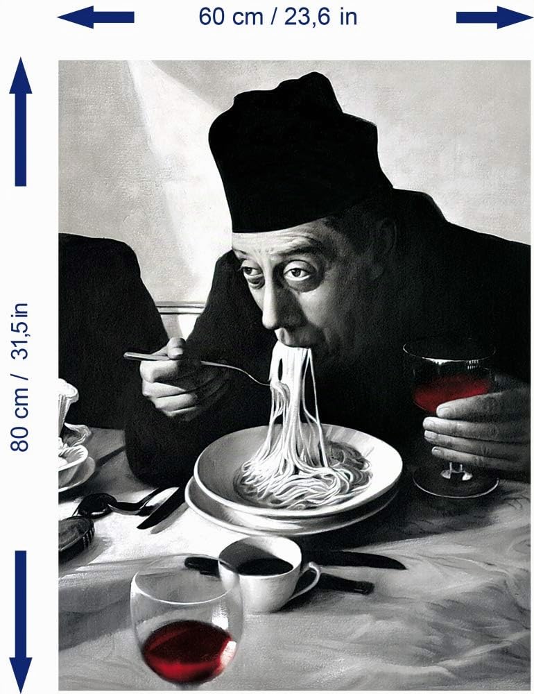 1art1 Kochkunst Poster Spaghetti, Rotwein, Don Camillo Bilder Leinwand-Bild Auf Keilrahmen | XXL-Wandbild Poster Kunstdruck Als Leinwandbild 80x60 cm