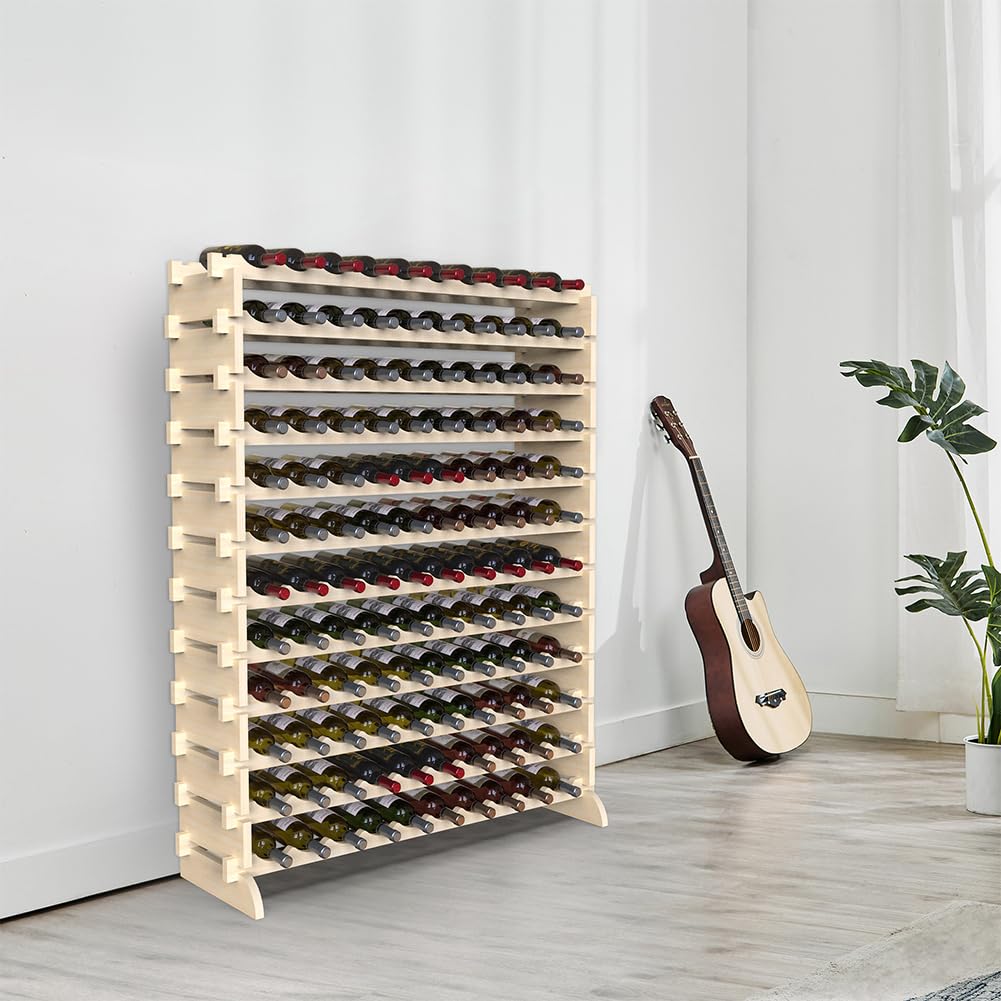BAKAJI Cave à vin en Bois avec 120 Compartiments Porte-Bouteilles de vin, Champagne, Porte-Bouteille de Terre, Cave d'angle Bar pour Salon, Cuisine, bistrot, Restaurant 110 x 35 x 140 cm