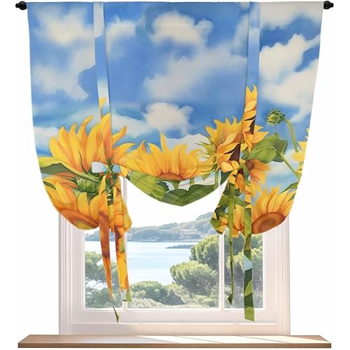 Tie Up Curtain for Windows, Farm Spring Garden Sunflower Balloon Rod Pocket Curtains Adjustable Tie-up Shade Valance for Kitchen, Floral Green Leaves Blue Sky Window Treatment 1 Panel 36x45in