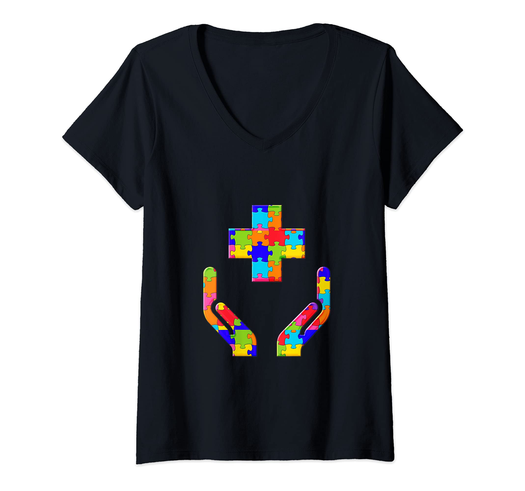 Womens Medical Cross Hospital Jigsaw Autism Puzzle V-Neck T-Shirt