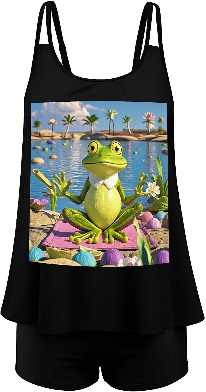 Funny Yoga Frog Tankini Swimsuits for Women Tummy Control Two Piece Bathing Suits Swim Tops with Boy Shorts