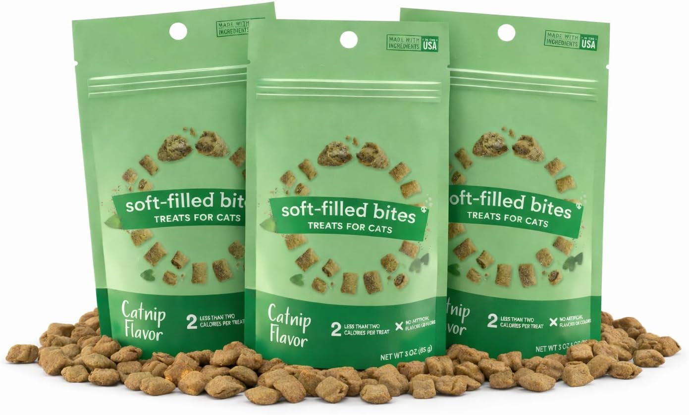 Catnip Cat Treats Crunchy Soft Filled Center Bites - Training Treats for Indoor Cats Kittens - Low Calorie Cat Snacks No Artificial Flavors Made in USA - 9 oz (Packaging May Vary)