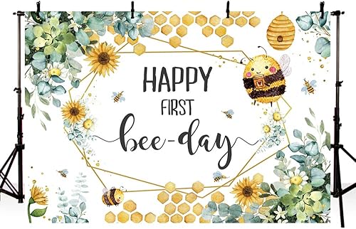 Miniatura 2 de MEHOFOND Telón de fondo para el primer día de las abejas con texto en inglés Happy First Bee-Day para fiesta de cumpleaños de niño y niña, panal,
