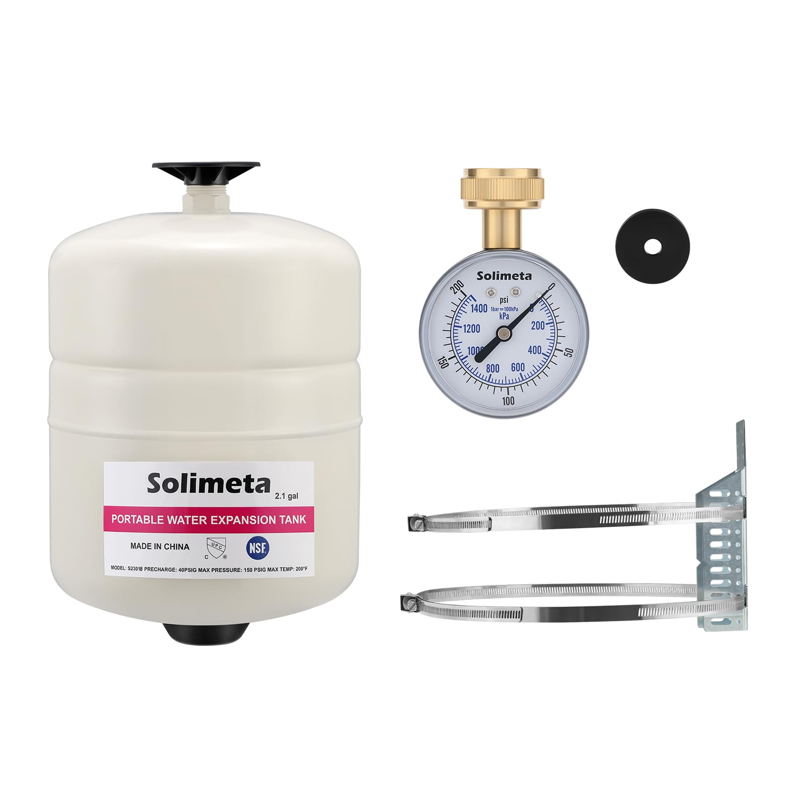 2.1 Gallon Potable Water Expansion Tank With Adjustable Wall Mounting Bracket and 2-1/2" Water Pressure Test Gauge 3/4" FemaleHose Thread,0-200 psi
