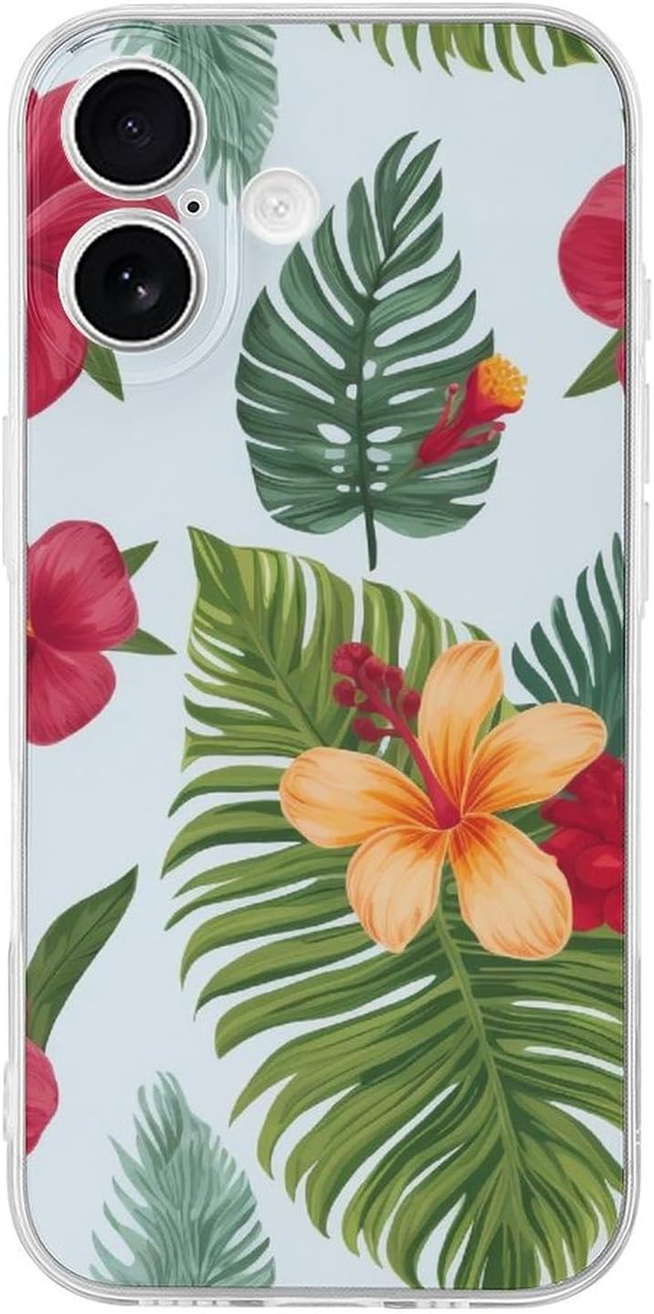Clear Phone Case for iPhone 17 Case, Hawaiian Tropical Leaves Flowers Prints Shockproof TPU Cell Cover with Wireless Charging, Anti-Yellowing, Transparent