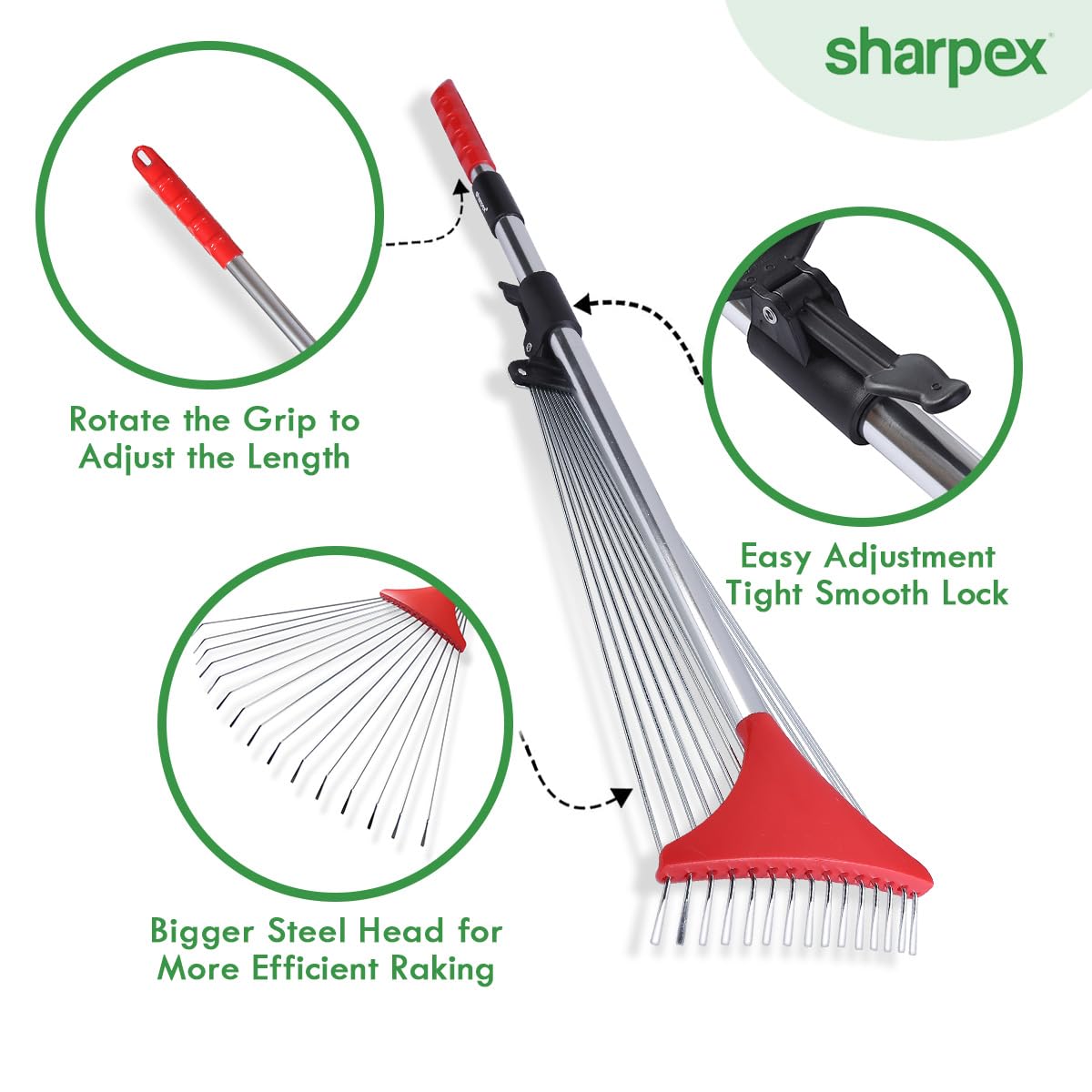 Sharpex Telescopic Metal Leaf Rake, 31 to 64 Inch Adjustable Expandable Pole for Lawn and Yard Cleanup, Heavy Duty Tool for Leaves, Grass Debris and Roof Cleaning, Long Reach Outdoor Sweeping Broom 1