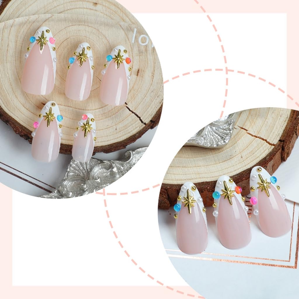 Almond Shape 24Pcs False Nails With Glitters French Tips Acrylic Design Stick on Nails For Women