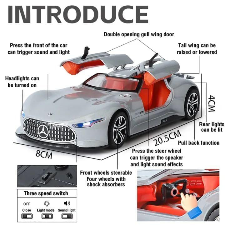 Image of Scale 1:24 Marcdes Vision AMG GT Future Alloy Diecast Pullback Metal Car Toy with Sound Light & Opening Doors - Best Gift Toy for Kids (1:24 Mercdes Vision AMG GT Future - Silver)
