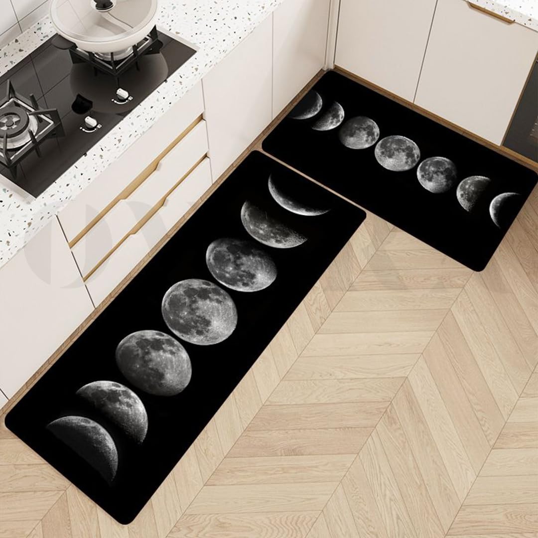 overa Moon Kitchen Rugs Set 2 Pieces Black Non Skid Kitchen Floor Rug and Mat Kitchen Runner Rug Standing Area Mat for Kitchen Floor Decor (Moon) 1