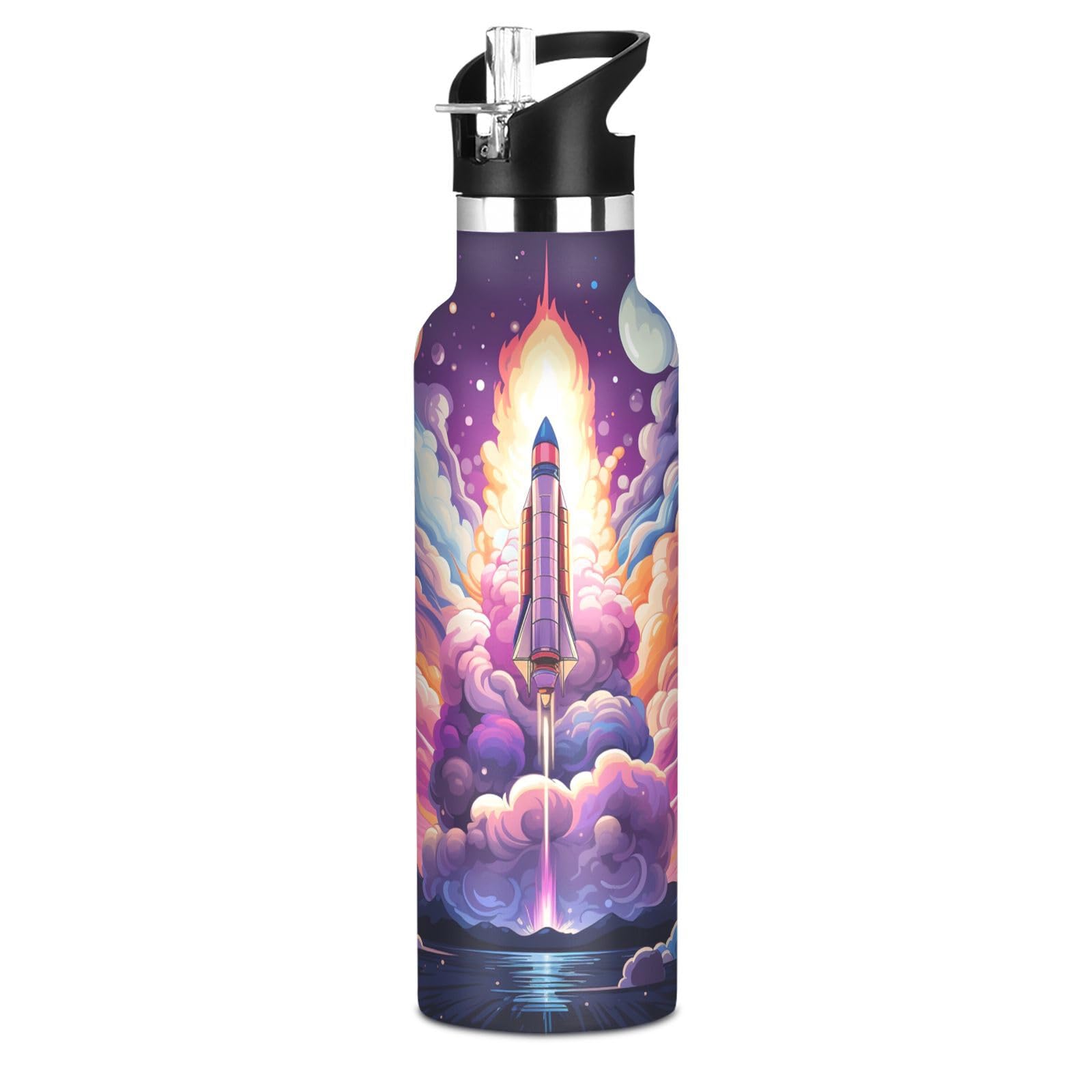 Kaaviyo Boys Pattern Cartoon Rocket Flying Space Water Bottle Stainless Steel Jug Insulated Vacuum Cup For Girls(600Ml)