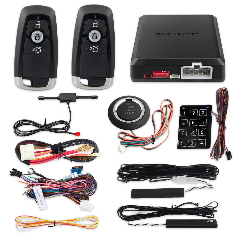 EASYGUARD EC002-FO3 DC12V Keyless Entry car Alarm Kits with Push Start Button Remote Start PKE Password keypad