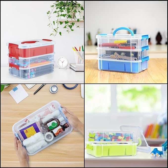 Image of 3 Layer Plastic Storage Containers, Multipurpose Clear Stack & Carry Box, Portable Craft Organizers, and Storage Bin for Organizing Arts & Crafts, Sewing, Stationery Box,(Multicolor)