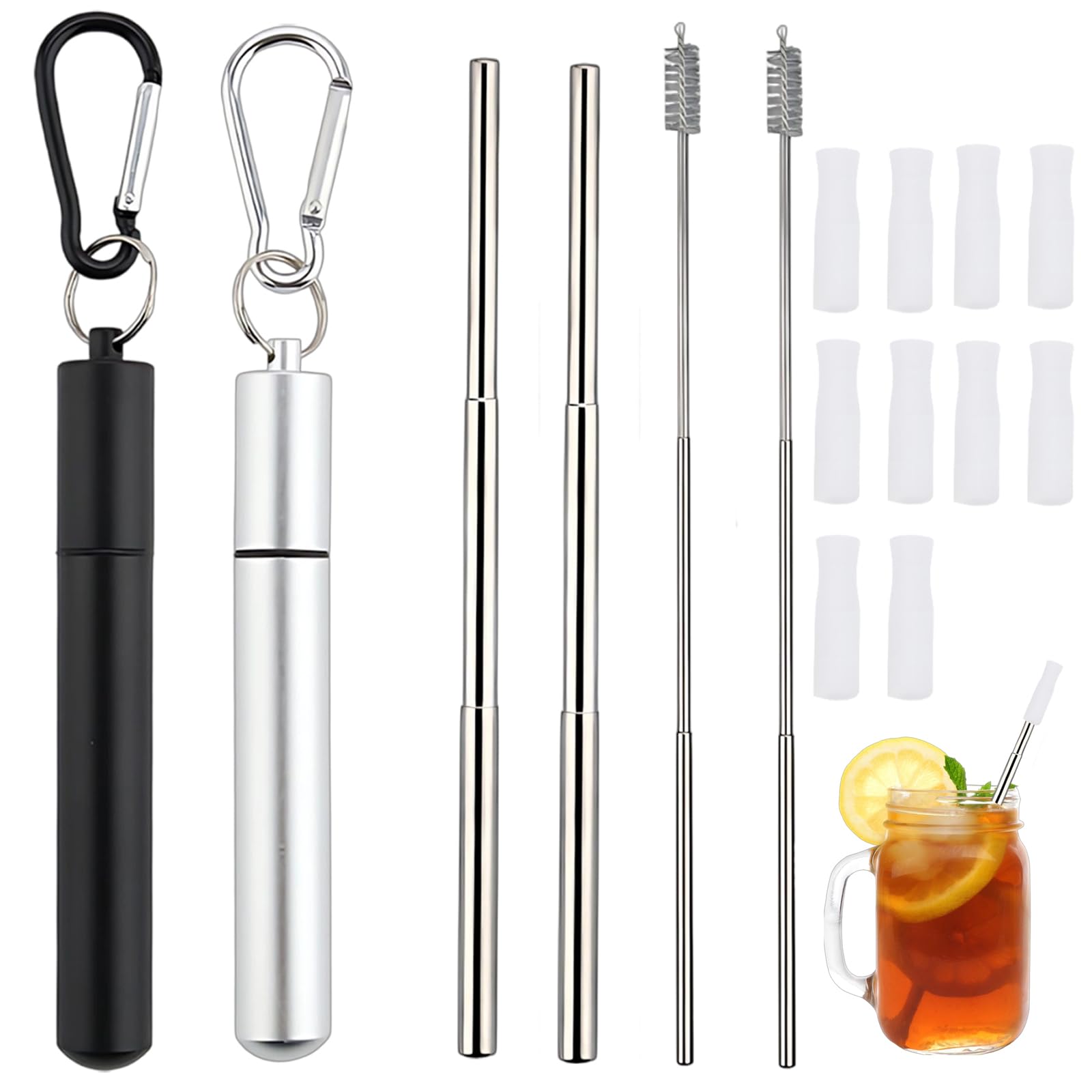 Travel Straw, 2 Pcs Collapsible Metal Straws Drinking, with Keyring Includes Case and Cleaning Brush and 10 Compact Silicone Tips, Reusable Drinking Straws for Traveling Home and Office