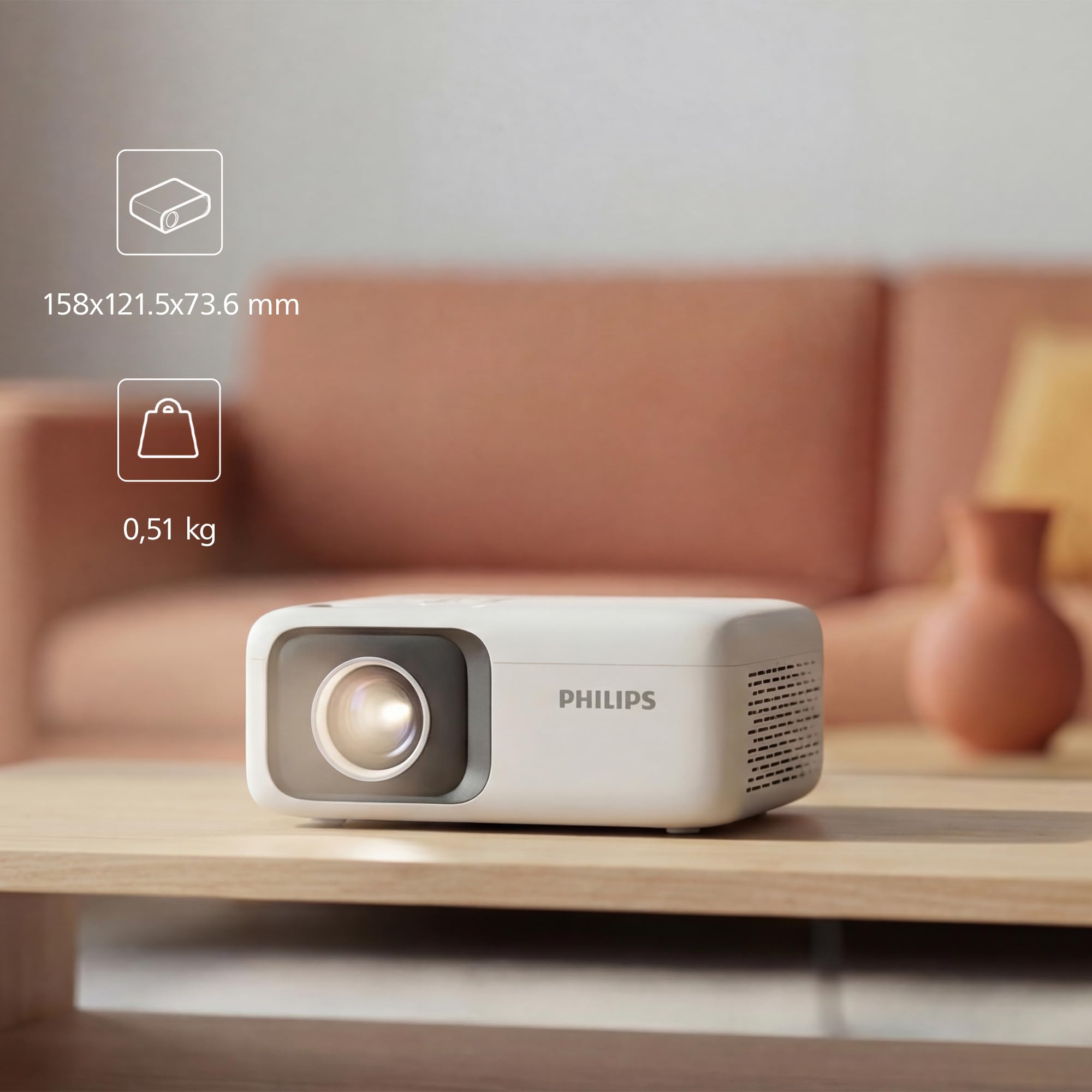 Philips NeoPix 106, proiettore portatile LCD LED, 720p, 100 ANSI lumen, schermo fino a 50", USB-C, HDMI, correzione Keystone automatica, Bianco