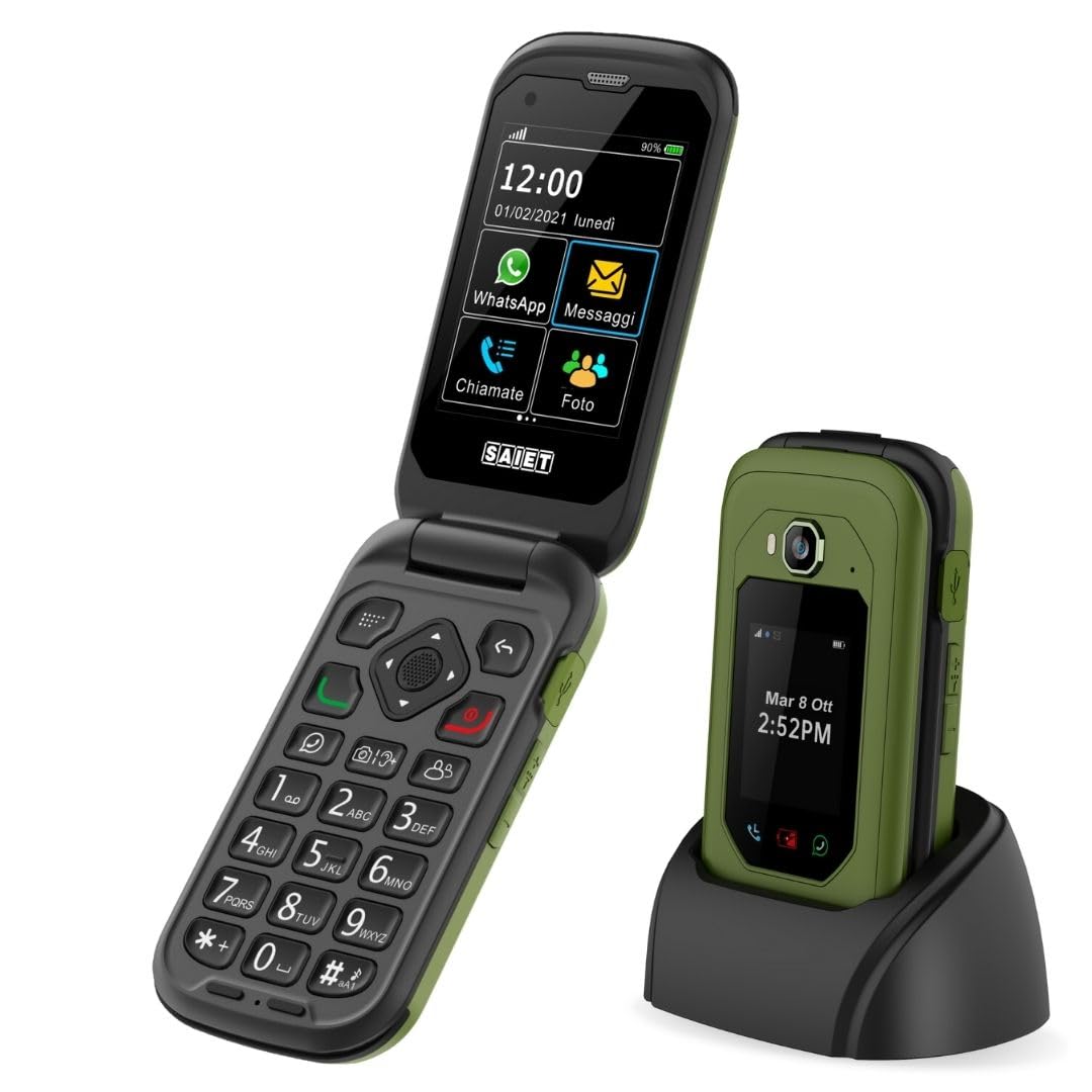 SAIET LINK 4 PRO Flip Phone Green-Black, IP68 Waterproof with Dual Display, Enhanced Audio and Big Keys – Mobile Phone with Whatsapp with Long Lasting Battery, Shockproof and Dustproof