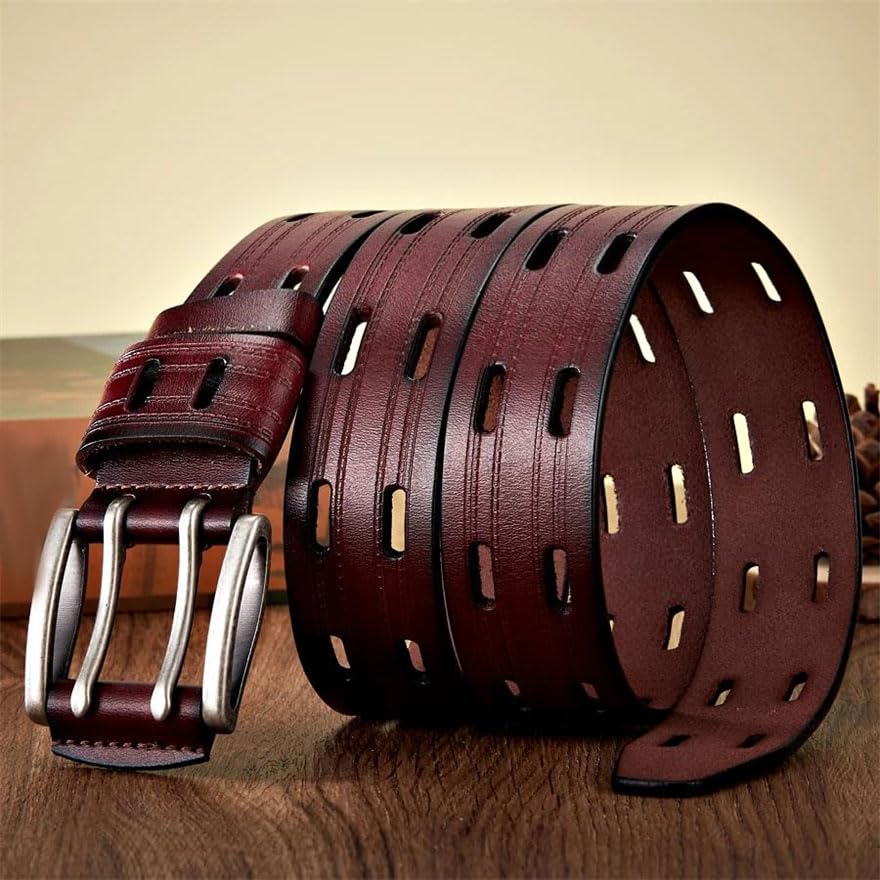 Men Hollow Leather Belts Double Pin Buckle Fancy Vintage Jeans Belt Street Leather Belts2