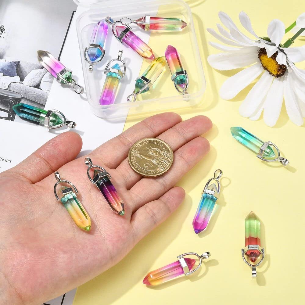 Ipotkitt 14Pcs 7 Colours Faceted Bullet Glass Pointed Charm Pendants Hexagonal Ornaments with Platinum Plated Alloy Findings for DIY Making - Image 4