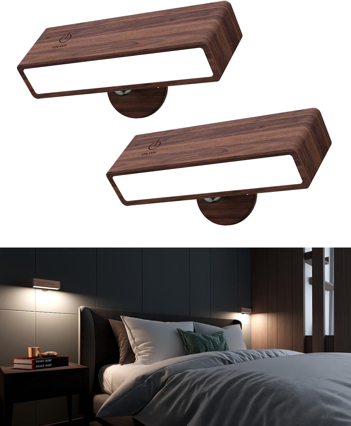 YiLaie Wall Sconces Battery Operated Set of 2,Rechargeable Wall Sconce for Bedroom,Wireless Wall Lights Dimmable,Wood Wall Lights with 360 Rotation,Peel and Stick Wall Sconces for Bedroom Bedside