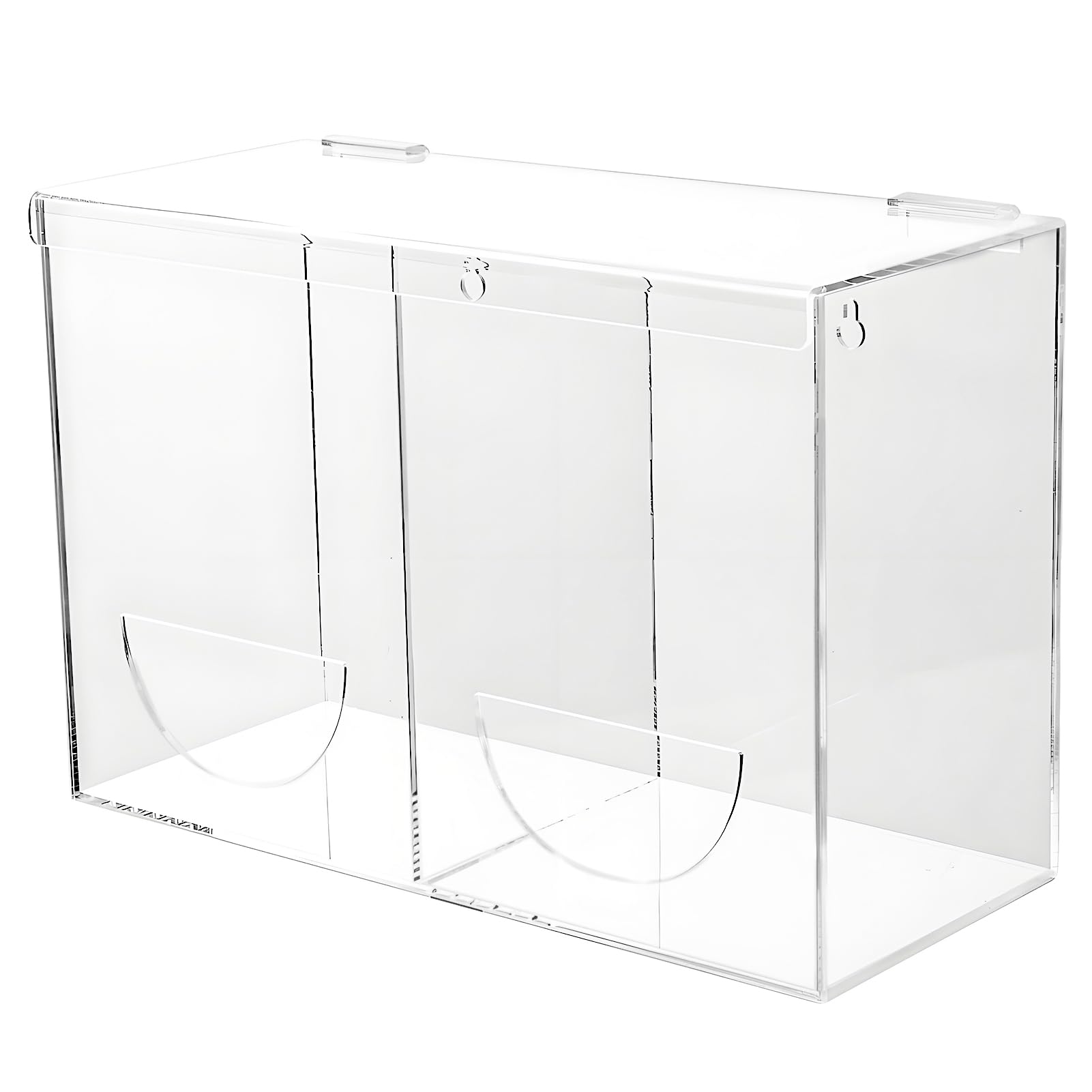 Dispenser per guanti da parete, contenitore in acrilico con 2 scomparti per guanti in gomma usa e getta, retine per capelli, tappi per le orecchie, capsule per bucato, pastiglie per