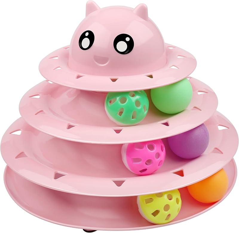 Brinquedo Interativo para Gatos com Torre Giratória de 3 Níveis e 6 Bolas Coloridas UPSKY 0180-Pink