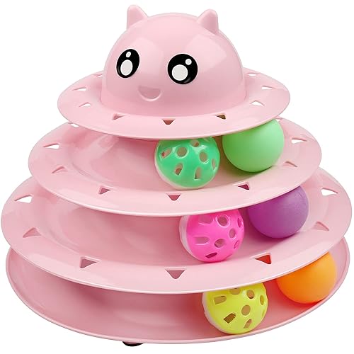 UPSKY Cat Toy Roller 3-Level Turntable Cat Toy Balls with Six Colorful Balls Interactive Kitten Fun Mental Physical Exercise Puzzle Toys - A-Pink