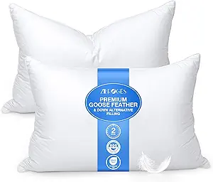 Feather Pillows Queen Size Set of 2 - Goose Down Hotel Bed Pillow with 600 Thread Count Cotton Cover