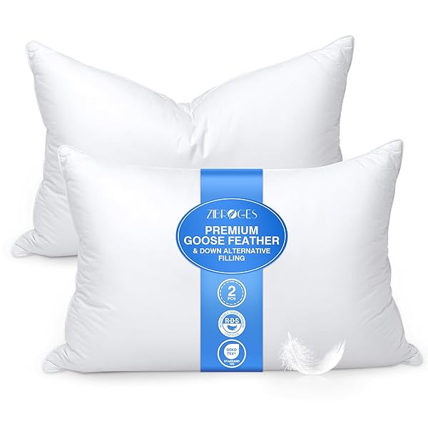 Feather Pillows Queen Size Set of 2 - Goose Down Hotel Bed Pillow for Sleeping, Soft 600 Thread Count Cotton Cover, Fluffy Support Surround Fill Polyester for Side, Back and Stomach Sleepers